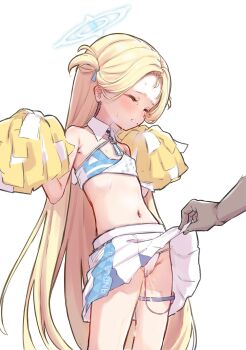 1boy 1girl ^_^ alternate_costume bare_shoulders blonde_hair blue_archive blue_ribbon blue_shirt blush breath cheerleader clenched_teeth closed_eyes clothes_lift clothes_writing collarbone controller cosplay covered_erect_nipples cowboy_shot disembodied_hand embarrassed english_text flat_chest forehead groin hair_ribbon halo hands_up highres holding holding_pom_poms lifting_own_clothes loli long_hair millennium_cheerleader_outfit_(blue_archive) miniskirt navel nose_blush panties pee peeing peeing_self pleated_skirt pom_pom_(cheerleading) pom_poms pussy_juice remote_control remote_control_vibrator ribbon sex_toy shirt shokupan_(slvk12) sidelocks simple_background skirt skirt_lift solo_focus sora_(blue_archive) standing stomach string_panties sweat tears teeth textless_version thigh_strap thighs two_side_up typo underwear very_long_hair vibrator vibrator_cord vibrator_under_clothes vibrator_under_panties wet wet_clothes wet_panties white_background white_panties white_skirt