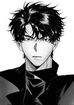 1boy black_coat black_hair black_shirt coat crew_neck curtained_hair expressionless greyscale highres looking_at_viewer male_focus monochrome omniscient_reader&#039;s_viewpoint open_clothes open_coat owlaoao popped_collar portrait shirt short_hair solo wide-eyed yoo_joonghyuk