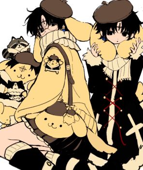 1boy :3 absurdres beret black_eyes black_hair black_jacket cat character_bag chrollo_lucilfer chrollo_lucilfer_(cosplay) cosplay crossdressing crossdressing_(mtf) dog earrings facial_mark forehead_mark glasses hat highres hunter_x_hunter jacket jewelry looking_at_viewer male_focus mangmuze multiple_views pompompurin pompompurin_(cosplay) raccoon sanrio short_hair skirt white_background yellow_dog