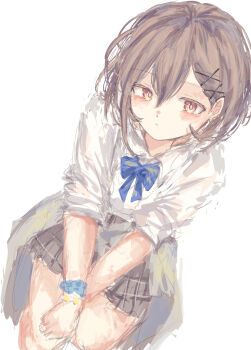 1girl absurdres bang_dream! bang_dream!_it&#039;s_mygo!!!!! blue_bow blue_bowtie blue_scrunchie blush bow bowtie brown_eyes cardigan cardigan_around_waist clothes_around_waist commentary grey_cardigan grey_hair grey_skirt hair_between_eyes highres latte_bf looking_at_viewer parted_lips scrunchie shirt short_hair simple_background skirt solo takamatsu_tomori white_background white_shirt wrist_scrunchie