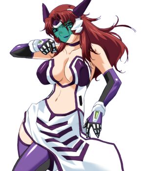 1girl akanejima_ranga bare_shoulders blue_eyes breasts brown_hair center_opening choker cleavage covered_erect_nipples dress elbow_gloves face_shield game_cg gan-chan_(artist) gloves headgear hitozuma_sentai_aisaiger large_breasts large_variant_set lipstick long_hair magical_girl makeup midriff navel non-web_source official_art purple_thighhighs red_hair saiger_orchid smile solo thighhighs transparent_background variant_set