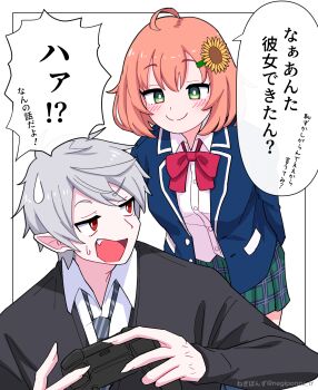 1boy 1girl ahoge blazer blush bow bowtie collared_shirt commentary_request controller fang flower green_eyes grey_hair hair_flower hair_ornament highres holding holding_controller honma_himawari jacket kuzuha_(nijisanji) long_sleeves necktie negiponzu nijisanji open_clothes open_jacket open_mouth orange_hair plaid_clothes plaid_skirt pleated_skirt pointy_ears red_eyes shirt short_hair skirt smile striped_necktie sunflower sunflower_hair_ornament sweat sweatdrop translation_request virtual_youtuber