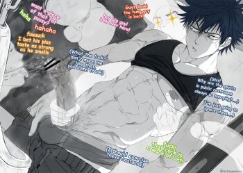 5boys abs blue_hair blur_censor censored clothes_lift clothes_pull commentary commission covered_testicles english_commentary english_text fushiguro_megumi golden_shower gomoro_(nsfwgomoro) greyscale jujutsu_kaisen large_penis male_focus male_underwear monochrome multiple_boys navel navel_hair nipples pants pants_pull pectorals pee peeing penis pubic_hair shirt_lift short_hair solo_focus spot_color sweat tank_top tongue tongue_out twitter_username underpec underwear urinal veins veiny_arms yaoi