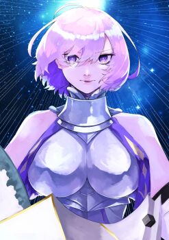 1girl absurdres ahoge armor bare_shoulders blue_background boobplate breastplate breasts closed_mouth commentary_request fate/grand_order fate_(series) gumi_(the_eye_of_darkness) highres large_breasts looking_at_viewer mash_kyrielight mash_kyrielight_(paladin) purple_eyes purple_hair short_hair solo straight-on swept_bangs upper_body