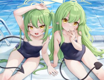 2girls arm_up black_tail blue_archive blue_one-piece_swimsuit breasts closed_mouth collarbone commentary comodox competition_school_swimsuit covered_navel demon_girl demon_tail earrings english_commentary fang green_hair green_halo halo hand_up highres hikari_(blue_archive) jewelry large_variant_set long_hair looking_at_viewer multiple_girls nozomi_(blue_archive) on_ground one-piece_swimsuit open_mouth pointy_ears pool poolside school_swimsuit siblings sisters sitting skin_fang small_breasts swimsuit tail twins twintails v-shaped_eyebrows variant_set wavy_hair yellow_eyes