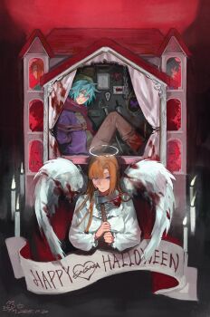 1boy 1girl alternate_costume alternate_hairstyle angel aqua_eyes aqua_hair axe beanie blood blood_on_axe blood_on_clothes blood_on_curtains blood_on_face bloody_weapon bloody_wings bound braid breasts brown_pants bug butterfly candle chain chidouin_sara chinese_commentary clenched_teeth closed_mouth commentary_request cross cross-laced_clothes cross-laced_top curtains dated doll_house double-parted_bangs feathered_wings fire floating_candle green_hat green_shirt hair_between_eyes hair_down half_up_braid halloween halo happy_halloween hat heart highres hiyori_sou holding holding_axe insect jacket kimi_ga_shine latin_cross light_smile long_hair long_sleeves looking_at_viewer medium_breasts multiple_views open_clothes open_jacket orange_hair pants parted_bangs picture_frame purple_eyes purple_jacket red_scarf rope scarf ship_name shirt short_hair signature single_sidelock sitting smile straight_hair sword teeth tied_up_(nonsexual) traditional_halo v-shaped_eyebrows weapon white_fire white_halo white_shirt white_wings window wings yellowmao0509