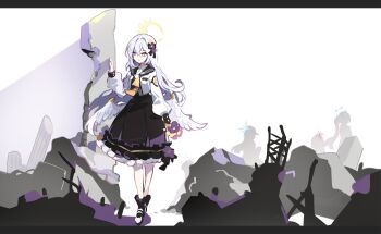 5girls angel_wings arius_squad_(blue_archive) atsuko_(blue_archive) azusa_(blue_archive) black_dress black_socks blue_archive dress feathered_wings hair_between_eyes halo highres hiyori_(blue_archive) ideolo jacket long_hair long_sleeves misaki_(blue_archive) multiple_girls open_clothes open_jacket parted_lips pink_eyes puffy_long_sleeves puffy_sleeves saori_(blue_archive) saori_(dress)_(blue_archive) shoes socks white_footwear white_hair white_jacket white_wings wings yellow_halo