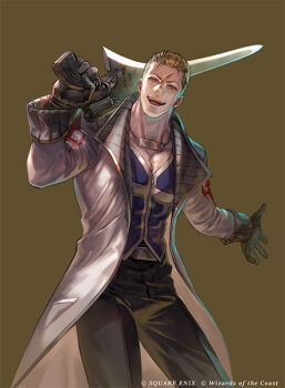 1boy black_gloves black_pants blonde_hair blue_vest brown_background chain chain_necklace coat commentary_request cowboy_shot final_fantasy final_fantasy_viii gloves gunblade hair_slicked_back jewelry long_coat looking_at_viewer magic:_the_gathering male_focus necklace official_art open_mouth over_shoulder pants scar scar_on_face scar_on_forehead seifer_almasy short_hair smile solo square_enix suzuki_rika vest weapon weapon_over_shoulder white_coat