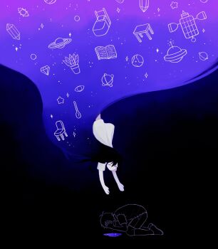 Rule 34 | 1boy, 1girl, absurdly long hair, antenna hair, black hair, brother and sister, closed eyes, colored skin, commentary, crying, dress, english commentary, full body, gradient hair, highres, kneehighs, long hair, mari (omori), mari (spirit) (omori), multicolored hair, no mouth, omo taru, omori, purple hair, shoes, short hair, short sleeves, shorts, siblings, socks, spoilers, sunny (omori), very long hair, white dress, white skin