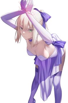 1girl absurdres ahoge arms_up artoria_pendragon_(fate) bare_shoulders bent_over blonde_hair breasts choker cleavage commentary dress elbow_gloves english_commentary fate/stay_night fate_(series) gloves green_eyes high_ponytail highres long_hair longdq3008 looking_at_viewer medium_breasts ponytail restrained saber_(fate) sash sidelocks thighhighs white_dress white_gloves white_thighhighs
