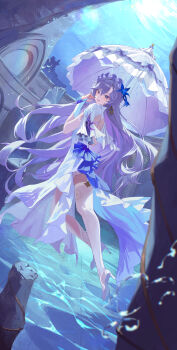 1girl absurdres blue_eyes blue_flower cantarella_(wuthering_waves) closed_mouth commentary dress dutch_angle flower from_side hair_flower hair_ornament headdress high_heels highres holding holding_umbrella kkarong long_hair looking_at_viewer parasol purple_hair shoes single_thighhigh smile solo thighhighs thighs umbrella very_long_hair white_dress white_shoes white_thighhighs wuthering_waves