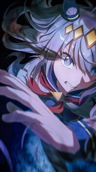 1girl absurdres animal_ears black_pantyhose blue_eyes blue_sailor_collar blurry brooch clenched_teeth commentary_request depth_of_field diamond_(shape) ear_ornament eye_trail floating_hair grey_hair highres horse_ears horse_girl jewelry light_trail long_hair long_sleeves neckerchief oguri_cap_(starlight_beat)_(umamusume) oguri_cap_(umamusume) pantyhose pension_z red_neckerchief running sailor_collar sailor_shirt shirt solo star_brooch teeth umamusume umamusume:_cinderella_gray