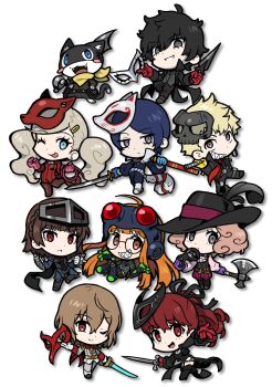 4boys 5girls :&lt; :3 :d :o :p ;) ;p absurdres ahoge akechi_gorou amamiya_ren ascot axe bandana battle_axe belt belt_buckle belt_pouch between_fingers bird_mask black_belt black_bodysuit black_coat black_corset black_hair black_hat black_jacket black_leotard black_mask black_pants black_ribbon black_vest blonde_hair blue_bodysuit blue_eyes blue_gloves blue_hair blue_jacket blue_pants blunt_bangs blush_stickers bodysuit boots braid brass_knuckles brooch brown_belt brown_eyes brown_footwear brown_hair buckle cat cavalier_hat chain_belt chibi cleavage_cutout closed_mouth clothing_cutout coat coattails collared_shirt commentary corset cropped_jacket crown_braid curly_hair earrings energy_sword epaulettes eye_mask eyelashes fake_tail fangs floating fox_(persona_5) fox_mask frilled_sleeves frills frown full_body glasses gloves goggles goggles_on_head gold_belt grey_eyes grey_mask grey_vest grin hair_between_eyes hair_ornament hair_ribbon hairclip hand_on_own_hip hands_up hashtag-only_commentary hat hat_feather highres holding holding_axe holding_mask holding_sheath holding_sword holding_weapon holding_whip jacket jewelry jitome katana kitagawa_yuusuke knee_spikes leg_up leotard long_hair long_sleeves looking_at_viewer mask mask_on_head messy_hair morgana_(persona_5) multiple_boys multiple_girls neckerchief niijima_makoto noir_(persona_5) okumura_haru one_eye_closed open_clothes open_coat open_jacket open_mouth oracle_(persona_5) orange_eyes orange_hair outstretched_arm outstretched_arms panther_(persona_5) pants persona persona_5 persona_5_the_royal pink_gloves pink_shirt ponytail pouch puffy_pants purple_gloves queen_(persona_5) reaching reaching_towards_viewer red_bodysuit red_eyes red_gloves red_hair red_mask red_neckerchief red_pants ribbon sach56000 sakamoto_ryuuji sakura_futaba sharp_teeth sheath shirt shoes short_hair shoulder_spikes sidelocks simple_background skull_(persona_5) skull_mask sleeve_cuffs smile spiked_knuckles spikes standing standing_on_one_leg metal_mask striped_belt swept_bangs sword tail takamaki_anne teeth thigh_boots tongue tongue_out twintails unworn_mask vest violet_(persona_5) w_arms weapon whip white_ascot white_background white_belt white_footwear white_jacket white_mask white_pants wing_collar yellow_bandana yellow_gloves yoshizawa_kasumi