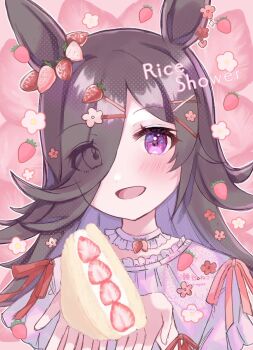 1girl animal_ears artist_name blush brown_hair character_name commentary detached_collar ear_ornament ear_piercing flipped_hair flower food food-themed_hair_ornament frilled_shirt frills fruit hair_ornament hair_over_one_eye hairclip highres holding holding_food holding_sandwich horse_ears horse_girl long_hair looking_at_viewer open_mouth piercing pink_background purple_eyes red_ribbon ribbon rice_shower_(umamusume) sandwich setani_neco shirt short_sleeves smile solo solo_focus strawberry strawberry_blossoms strawberry_hair_ornament strawberry_sandwich umamusume