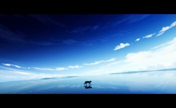absurdres blue_sky cat cloud commentary_request day highres letterboxed nengoro no_humans original outdoors reflective_surface scenery signature silhouette sky sky_focus