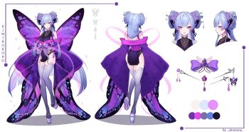 1girl absurdres akumana artist_name bow brooch bug butterfly butterfly_hair_ornament closed_mouth color_guide fairy fairy_wings gradient_thighhighs grey_hair hair_ornament highres indie_virtual_youtuber insect jewelry kimikokoro lips long_hair multiple_views platform_sandals purple_bow purple_eyes purple_sleeves reference_sheet sandals second-party_source shadow thighhighs virtual_youtuber wide_sleeves wings