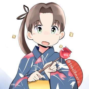1girl ayanami_(kancolle) ayanami_(yukata)_(kancolle) blue_kimono brown_hair candy_apple commentary_request food green_eyes hand_fan japanese_clothes kantai_collection kimono long_hair looking_at_viewer paper_fan print_kimono saboten_maru side_ponytail solo twitter_username uchiwa white_background yukata