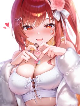 1girl :d bare_shoulders breasts cleavage commentary_request facial_mark flower front-tie_top goddess_of_victory:_nikke hair_between_eyes hair_flower hair_ornament hair_ribbon hands_up headset heart heart_hands highres jacket jewelry large_breasts looking_at_viewer off_shoulder official_alternate_costume official_alternate_hairstyle one_side_up open_clothes open_jacket open_mouth pendant pink_flower pink_rose rapi_(nikke) rapi_(red_hood)_(nikke) rapi_(red_hood)_(shining_light)_(nikke) red_eyes ribbon rose shirasato_(phzm8733) simple_background smile solo star_(symbol) star_facial_mark upper_body white_background white_jacket