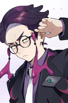1boy absurdres baozishark black-framed_eyewear black_jacket closed_mouth collared_shirt commentary corbeau_(pokemon) frown glasses hand_up highres jacket long_sleeves male_focus necktie nintendo pokemon pokemon_legends:_z-a purple_shirt round_eyewear shirt short_hair solo symbol-only_commentary upper_body yellow_eyes