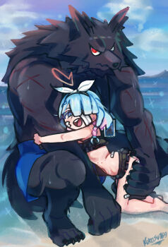 1boy 1girl arona_(blue_archive) bandages beach bikini black_bikini black_fur blue_archive blue_eyes blue_hair blue_sky bow cloud furry furry_male grabbing_another&#039;s_ass groping hair_bow highres kurosu169 multicolored_hair ocean pink_hair red_eyes scar sensei_(blue_archive) sky swimsuit two-tone_hair