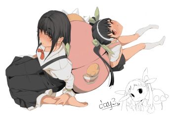 2girls aged_up barefoot blue_skirt blush breasts dual_persona hachikuji_mayoi hair_between_eyes hair_ornament hair_ribbon highres long_sleeves looking_at_viewer monogatari_(series) multiple_girls puffy_sleeves red_eyes ribbon ribbon-trimmed_collar ribbon_trim skirt smile socks solo taruneko time time_paradox white_socks wide_sleeves zoku_owarimonogatari