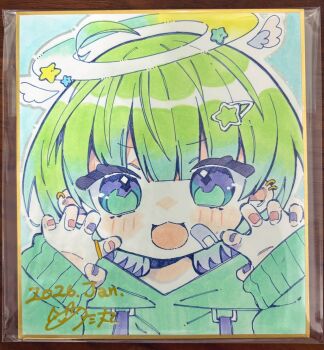 Rule 34 | 1girl, :3, :d, ahoge, blue background, blunt bangs, blush, claw pose, commentary request, dated, drawstring, green eyes, green hair, green hoodie, hair ornament, halo, hands up, highres, hood, hood down, hoodie, long sleeves, looking at viewer, multicolored nails, nail polish, notamaru 2, open mouth, original, pink nails, portrait, purple nails, shikishi, short hair, signature, sleeves past wrists, smile, solo, star (symbol), star hair ornament, traditional media, white halo