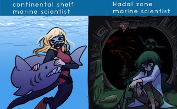 2girls blonde_hair blood blood_splatter bodysuit bottle centurii-chan commentary diving_mask diving_regulator diving_suit english_commentary flippers goggles green_hair gun highres iron_lung_(game) lab_coat long_hair multiple_girls pants scuba scuba_gear scuba_tank shaded_face shark traumatized underwater weapon wetsuit