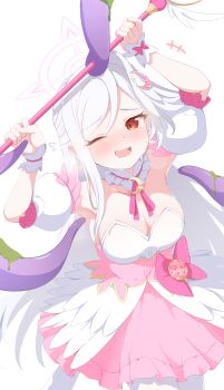 1girl absurdres blue_archive blush breasts cleavage detached_sleeves dress halo head_wings hello-ghiblisan highres holding holding_staff long_hair mage_staff magical_girl medium_breasts multicolored_dress official_alternate_costume one_eye_closed pink_dress red_eyes simple_background single_head_wing solo staff suzumi_(blue_archive) suzumi_(magical)_(blue_archive) thighhighs wavy_mouth white_background white_dress white_hair white_halo white_thighhighs wings