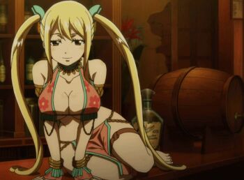 1boy 1girl animated animated_gif anime_screenshot anklet arabian_clothes armlet barefoot belly_dancer blonde_hair bottle bracelet breasts collarbone fairy_tail fairy_tail:_dragon_cry feet foot_focus gemini_(fairy_tail) jewelry large_breasts looking_at_viewer lucy_heartfilia lucy_heartfilia_(bar_altair_dancer)_(fairy_tail) navel necklace revealing_clothes seductive_gaze seductive_smile sitting smile thighlet thighs toes twintails