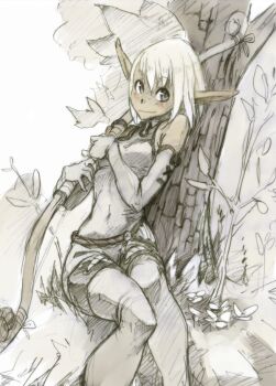 Rule 34 | 1girl, ankama, bare shoulders, bow, covered navel, cra (wakfu), cra f, elbow gloves, evangelyne (wakfu), female focus, gloves, legs together, looking at viewer, monochrome, outdoors, plant, pointy ears, shorts, sitting, smile, solo, thighhighs, tree, wakfu, weapon, white hair, xaxaxa, zettai ryouiki