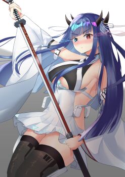 1girl absurdres azur_lane black_horns black_thighhighs blue_eyes breasts clothing_cutout commentary_request dress enoha framed_breasts grey_background heterochromia highres holding holding_sword holding_weapon horns ibuki_(azur_lane) katana large_breasts long_hair looking_at_viewer multiple_horns purple_hair red_eyes scabbard sheath short_dress simple_background solo sword thighhighs underboob underboob_cutout unsheathing weapon white_dress zettai_ryouiki