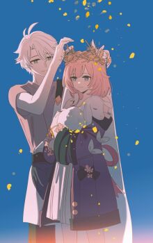 1boy 1girl animal bare_shoulders black_shorts blue_eyes blue_sky coat commentary cyrene_(aedes_elysiae)_(honkai:_star_rail) cyrene_(honkai:_star_rail) dress english_commentary head_wreath holding holding_animal honkai:_star_rail honkai_(series) marketslipper multicolored_hair phainon_(a_dream_scented_in_wheat)_(honkai:_star_rail) phainon_(honkai:_star_rail) pink_hair purple_coat purple_shirt shirt short_hair shorts sky two-tone_hair white_dress white_hair