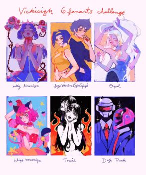 3boys 5girls artist_name blue_hair character_name cigarette closed_eyes commentary cowboy_bebop crown daft_punk detached_sleeves double_bun dress earrings english_commentary epaulettes extra_arms faye_valentine fire flower food formal_clothes fruit glasses guy-manuel_de_homem-christo hair_bun hair_tubes hand_in_pocket helmet himemiya_anthy holding holding_cigarette jewelry kawakami_tomie long_hair looking_at_viewer medium_hair momomiya_ichigo moon multiple_boys multiple_drawing_challenge multiple_girls necktie opal_(steven_universe) pink_dress pink_hair puffy_short_sleeves puffy_sleeves real_life red_necktie rose shirt short_hair short_sleeves shoujo_kakumei_utena six_fanarts_challenge sparkle spike_spiegel steven_universe strawberry suit tail thomas_bangalter tokyo_mew_mew tomie very_long_hair vicki_tsai white_hair yellow_shirt