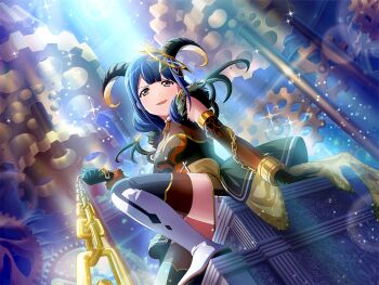 Rule 34 | 1girl, black dress, black gloves, boots, breasts, brown eyes, chain, demon horns, demon wings, detached sleeves, dress, fake horns, fake wings, fur trim, game cg, gears, gloves, gradient sleeves, hanayagi kaoruko, holding, holding chain, horn ornament, horns, knee boots, light rays, looking at viewer, medium breasts, medium hair, official art, parted lips, shoujo kageki revue starlight, shoujo kageki revue starlight -re live-, sitting, smile, solo, tarot, the devil (tarot), v-shaped eyebrows, white boots, wings