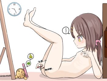 1girl blush cellphone clock completely_nude female_focus female_masturbation flat_chest highres legs_up livestream loli lying masturbation navel nipple_stimulation nipples nude object_insertion on_back open_mouth original pen phone simesaba smartphone solo speech_bubble vaginal vaginal_object_insertion