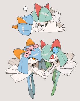 Rule 34 | 2girls, :<, absurdres, age progression, alternate color, blue flower, blue hair, blush stickers, closed mouth, colored skin, commentary request, evolutionary line, flower, full body, gen 3 pokemon, green hair, green skin, grey background, hair flower, hair ornament, head wreath, highres, holding hands, hug, kirlia, looking at another, lying, multicolored skin, multiple girls, multiple others, multiple views, newo (shinra-p), nintendo, open mouth, orange eyes, pink flower, pokemon, pokemon (creature), pokemon focus, ralts, red eyes, shiny pokemon, simple background, smile, standing, triangle mouth, two-tone skin, white skin