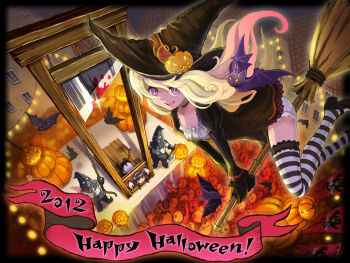 10s 2012 2girls bat_(animal) blonde_hair bow broom broom_riding chain execution executioner guillotine hair_bow halloween happy_halloween hat jack-o&#039;-lantern multiple_girls original peril pumpkin purple_eyes purple_hair red_eyes restrained shirt skirt striped_legwear thighhighs twintails ume_(illegal_bible) wavy_hair witch witch_hat
