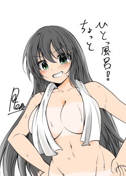 1girl after_bathing bikini_tan black_hair blush breasts cleavage clenched_teeth collarbone convenient_censoring dark-skinned_female dark_skin green_eyes hair_between_eyes hands_on_own_hips homura_(senran_kagura) large_breasts long_hair navel nude potera senran_kagura shiny_skin simple_background solo stomach straight_hair sweat tan tanline teeth towel towel_on_one_shoulder translation_request very_long_hair white_background