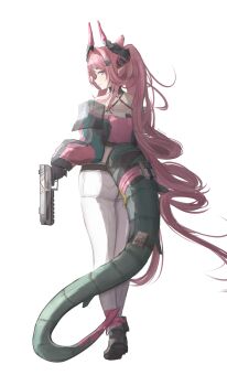 Rule 34 | 1girl, absurdres, ankle boots, aqua sleeves, arknights, arknights: endfield, bare shoulders, black boots, black horns, black sleeves, blue eyes, boots, closed mouth, commentary, crop top, detached sleeves, from behind, full body, gun, hair ornament, highres, holding, holding gun, holding weapon, horns, long hair, long sleeves, looking at viewer, multicolored horns, multicolored sleeves, off shoulder, pants, pink boots, pink hair, pink horns, pink sleeves, pointy ears, simple background, solo, standing, tail, twitter username, two-tone horns, vincentime, weapon, white background, white pants, yvonne (arknights)