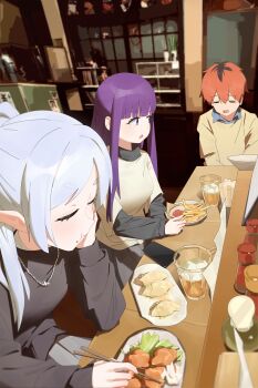 1boy 2girls absurdres alternate_costume beer_mug black_sweater blunt_bangs brown_shirt brown_sweater cellphone chain chain_necklace chopsticks closed_eyes closed_mouth commentary_request contemporary cup eating fern_(sousou_no_frieren) food food_on_face french_fries frieren highres holding holding_chopsticks indoors jewelry layered_sleeves long_hair long_sidelocks long_sleeves mug multiple_girls necklace open_mouth phone purple_eyes purple_hair rabbits_foot red_hair restaurant shirt short_hair short_over_long_sleeves short_sleeves sidelocks sitting slice_of_life smartphone sousou_no_frieren stark_(sousou_no_frieren) straight_hair sweater turtleneck turtleneck_sweater v-shaped_eyebrows very_short_hair yioukei