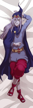 1boy anime_coloring arm_behind_head bed_sheet belt black_eyeliner body_pillow cloak collared_cloak crossed_legs dakimakura_(medium) eyeliner eyes_visible_through_hair facial_mark gem gem_hat_ornament gold_belt hat hat_ornament highres lavleyart long_hair long_sleeves looking_up lying makeup male_focus nintendo non-web_source on_back on_bed open_mouth pale_skin parted_lips pillow pointy_ears purple_cloak purple_hair purple_hat purple_tunic red_eyes red_gemstone red_sandals sandals sidelocks smile solo teeth the_legend_of_zelda the_legend_of_zelda:_the_minish_cap tongue tunic upper_teeth_only vaati