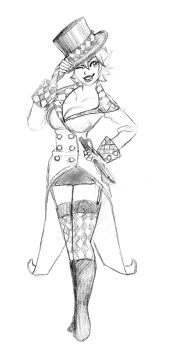 1girl absurdres asheltots boots breasts buttons cleavage full_body garter_straps gnome hat highres jacket large_breasts linnwynn_coriwick_(asheltots) lips medium_hair miniskirt monochrome one_eye_closed skirt