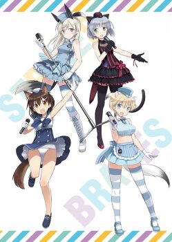 4girls 501st_joint_fighter_wing_(emblem) 502nd_joint_fighter_wing_(emblem) alternate_costume animal_ears black_thighhighs blonde_hair boots brave_witches breasts brown_hair cat_ears cat_girl cat_tail eila_ilmatar_juutilainen fox_ears fox_girl fox_tail full_body garrison_cap hat holding idol karibuchi_hikari large_breasts long_hair medium_breasts microphone multiple_girls nikka_edvardine_katajainen official_alternate_costume official_art panties sanya_v._litvyak shoes short_hair simple_background skirt squirrel_ears squirrel_girl squirrel_tail standing strike_witches striped_clothes striped_thighhighs tail thighhighs underwear weasel_ears weasel_girl weasel_tail white_background white_panties world_witches_series