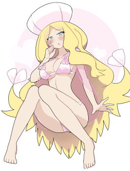 Rule 34 | 1girl, absurdres, barefoot, bikini, blonde hair, blue eyes, blush, breasts, bright pupils, caitlin (pokemon), cape, hat, heart, highres, large breasts, long hair, nintendo, pink bikini, pokemon, pokemon bw, see-through cape, swimsuit, very long hair, white-stew, white pupils