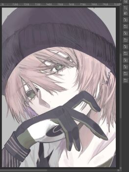 1boy 66_(roro) art_program_in_frame beanie black_gloves black_hat black_jacket clip_studio_paint clip_studio_paint_(medium) collarbone earrings enneholic gloves green_eyes green_shirt grey_background hair_between_eyes hat head_tilt jacket jewelry looking_at_viewer male_focus medium_hair multicolored_jacket multiple_piercings pale_skin pink_hair screencap shirt sidelocks solo two-tone_jacket upper_body vocaloid vy2 white_jacket