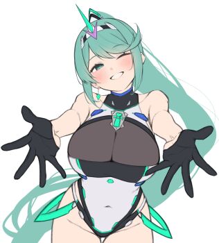 1girl breasts covered_navel gloves green_eyes grey_hair hakusai_(hksicabb) incoming_hug large_breasts legs one_eye_closed outstretched_arms parted_lips pneuma_(xenoblade) ponytail smile solo teeth thighs unfinished wink xenoblade_chronicles_(series) xenoblade_chronicles_2