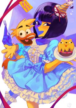 Rule 34 | 1girl, bird, black eyes, black hair, blue skin, blunt bangs, bob cut, cake, character request, colored skin, dress, duck, ena (ena), ena (series), ena (species), ena (web series), floating head, food, fork, gabe velez, happy ena, hat, highres, hourglass dog, lolita fashion, multicolored skin, open mouth, party hat, short sleeves, smile, split-color skin, two-tone skin, usagimarumei, voice actor connection, yellow skin