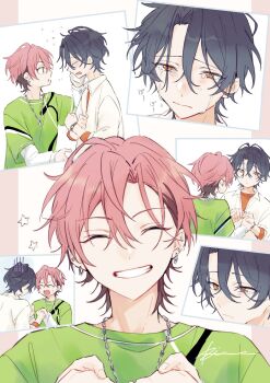 2boys absurdres black_hair clenched_teeth closed_eyes closed_mouth collared_shirt commentary_request crying crying_with_eyes_open curtained_hair ear_piercing earrings ensemble_stars! facial_hair facing_another hair_between_eyes highres hoop_earrings jewelry kuon_mashu long_sleeves male_focus multiple_boys multiple_views necklace nervous_sweating open_mouth orange_eyes orange_shirt piercing pink_hair r1kuuw shirt short_hair sideways_mouth signature smile star_(symbol) sweat tears teeth tsuzura_chitose upper_body watch wristwatch