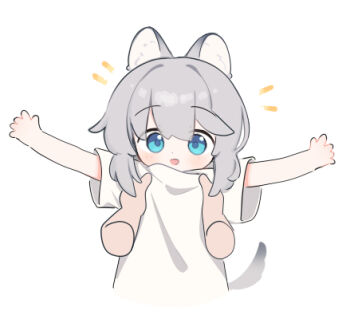 Rule 34 | 1girl, 1other, :d, animal ear fluff, animal ears, blue eyes, blush, chibi, commentary request, cropped torso, disembodied hand, grey hair, hair between eyes, lifting person, long hair, lowres, notice lines, open mouth, original, riya (01214), shirt, short sleeves, simple background, smile, solo focus, tail, upper body, white background, white shirt