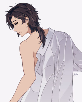 1girl arm_out_of_sleeve artist_name black_hair earrings from_behind greta_hofmann highres jeska_brucker jewelry looking_back medium_hair mole mole_on_shoulder mole_under_mouth profile reverse:1999 shirt signature simple_background single_bare_arm single_bare_shoulder solo undressing upper_body white_background white_shirt yellow_eyes